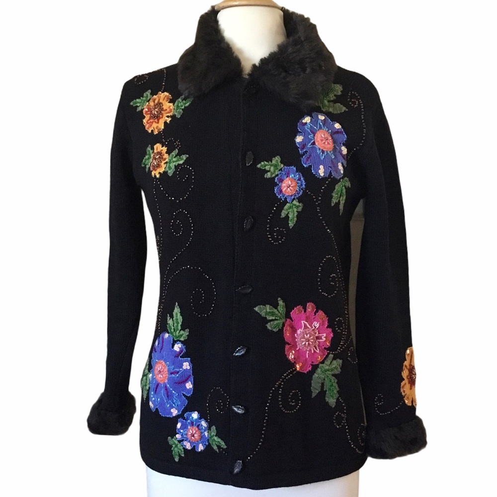 Vintage Storybook Knits Embroidered Beaded Sweater FLAWED - Picture 1 of 16